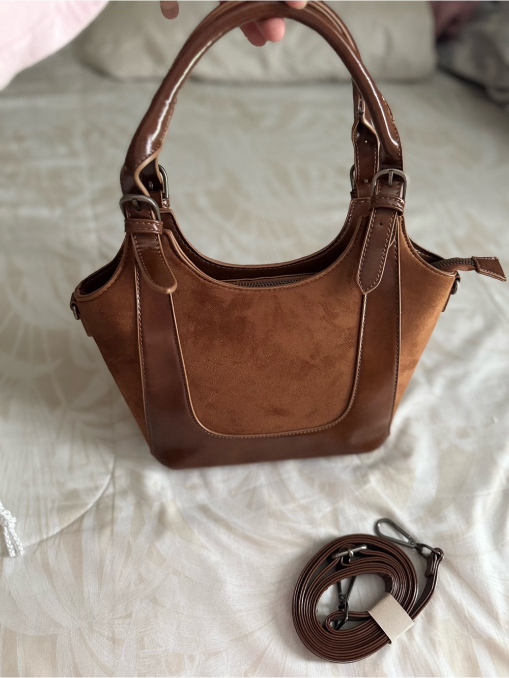 Classic Brown Suede & Faux Leather Tote Handbag